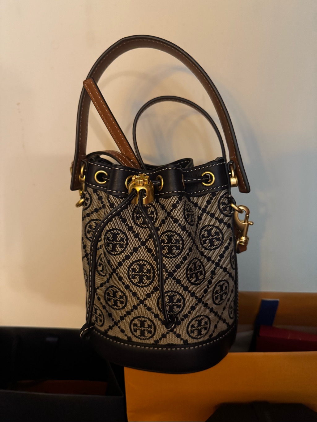 Tory Burch Beige And Black Logo Mini Bucket Bag With Brown Trim